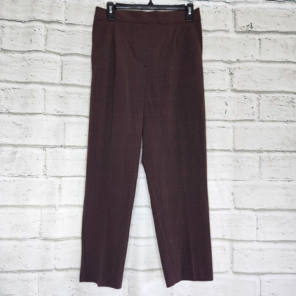 H&M Womens Pants Pull On Brown Plaid Polyester Straight Stretch Trousers 6